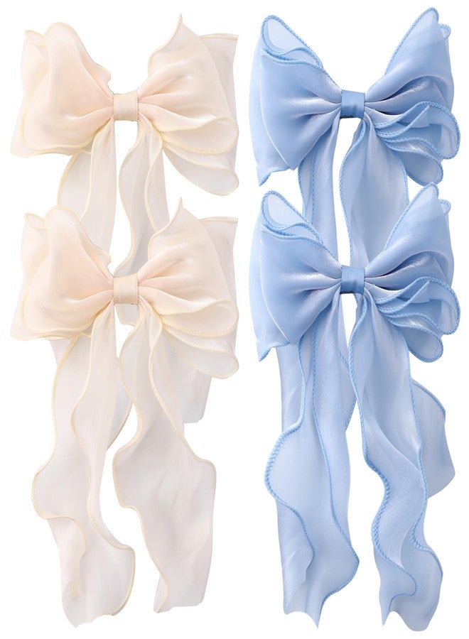 HLTOO 4PCS Big Ribbon Hair Bows, Oversized Long-tail Hair Clips, Large Hair Barrettes, for Women and Girls Hair Styling Accessories, Champagne and Blue - Image 1